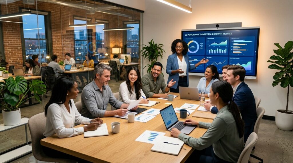Modern tech startup office space with diverse business profe