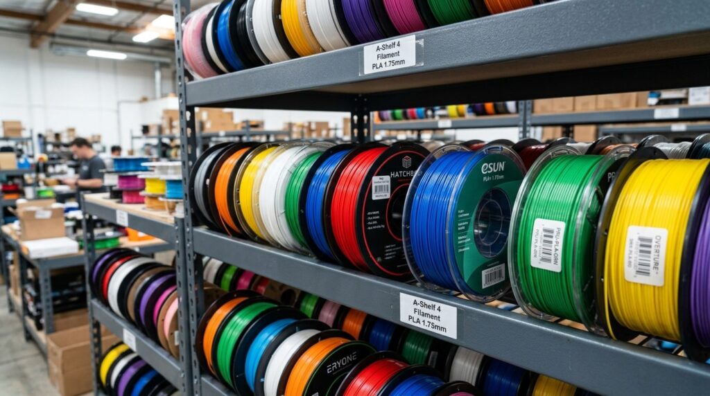 Close-up of colorful PLA filament spools organized on shelve