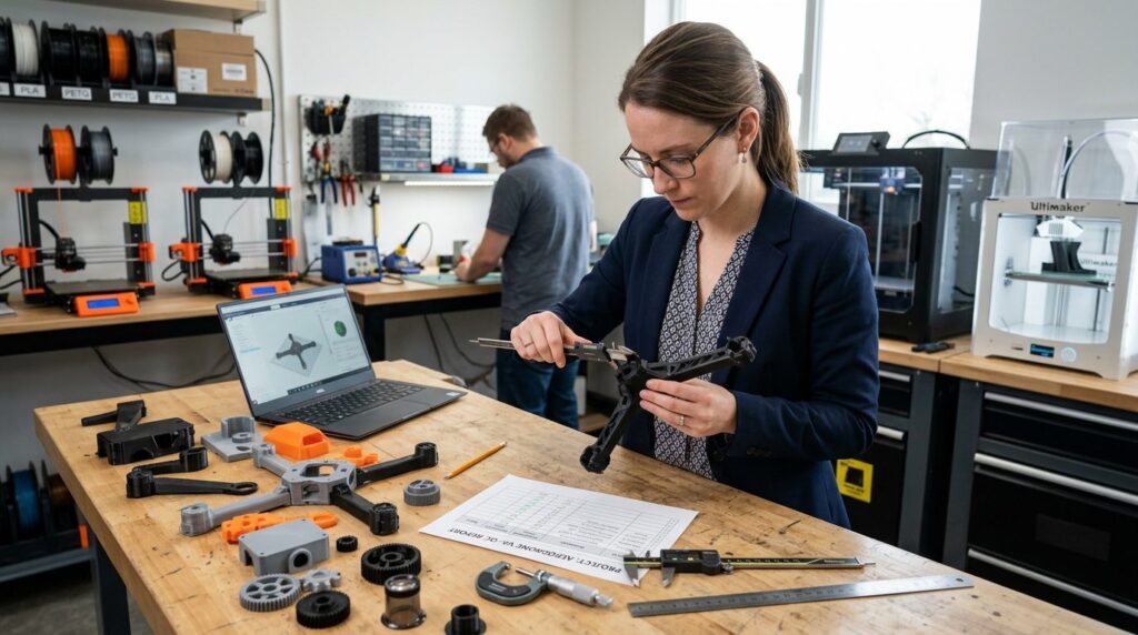Entrepreneur examining 3D printed PLA parts at workbench wit