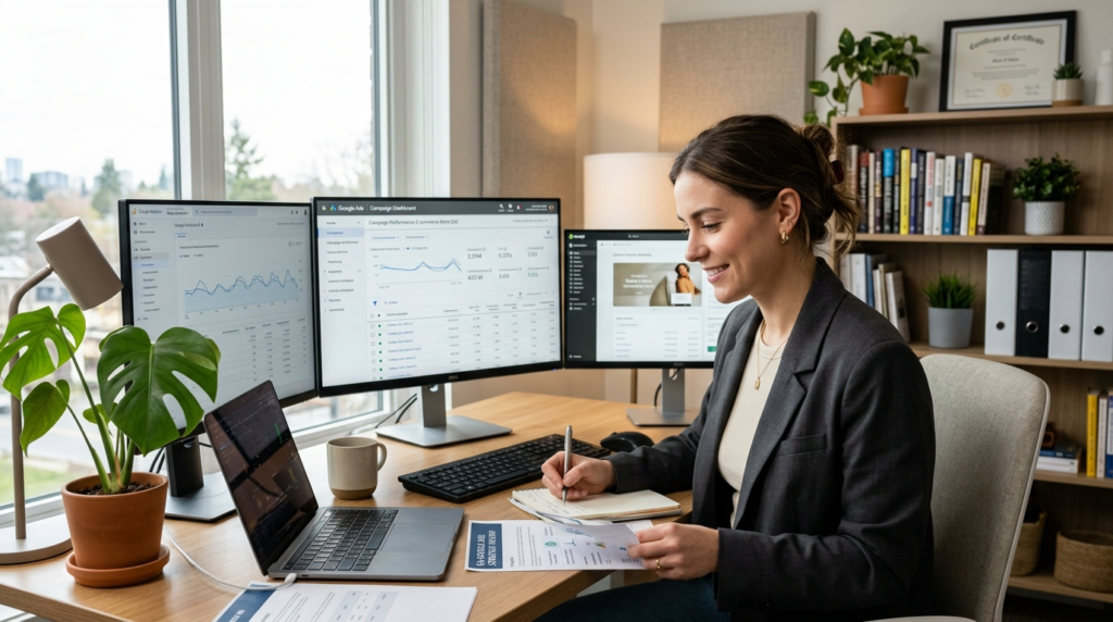 Young female e-commerce business owner reviewing digital mar